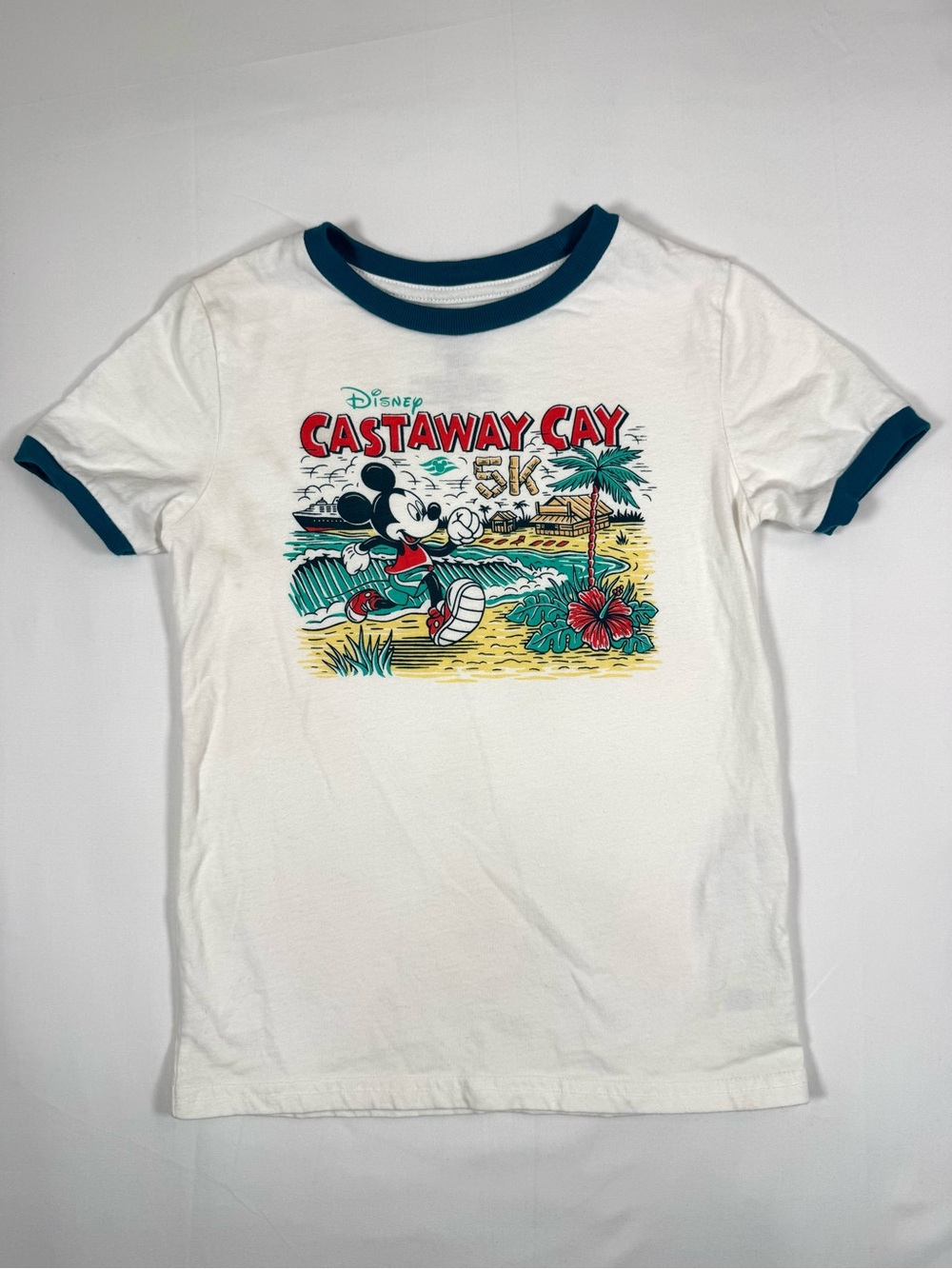 DISNEY CRUISE LINE Boys Castaway Cay 5K Mickey Mouse Ringer Graphic T Shirt M